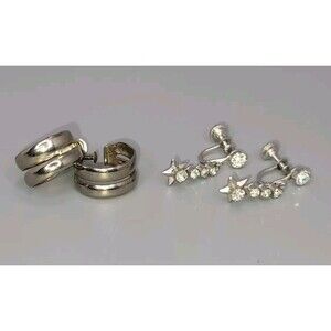 Vtg Lot 2 Silver Tone Screw Back Earrings Rhinestone Star Dangle Double Hoops